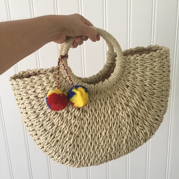Straw Moon Shaped Pom Pom Beach Handbag Natural - Picture 4 of 6